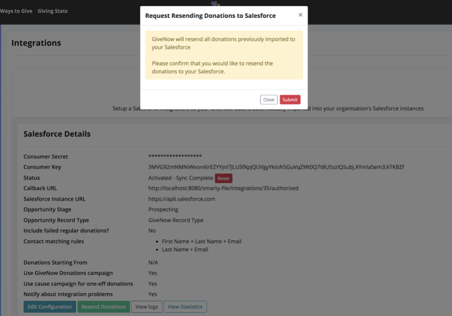 The Salesforce details page showing a synchronisation in progress.