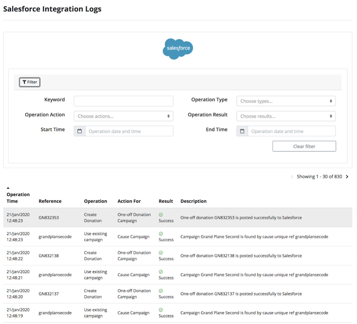 The Salesforce integration logs page showing operations and results.