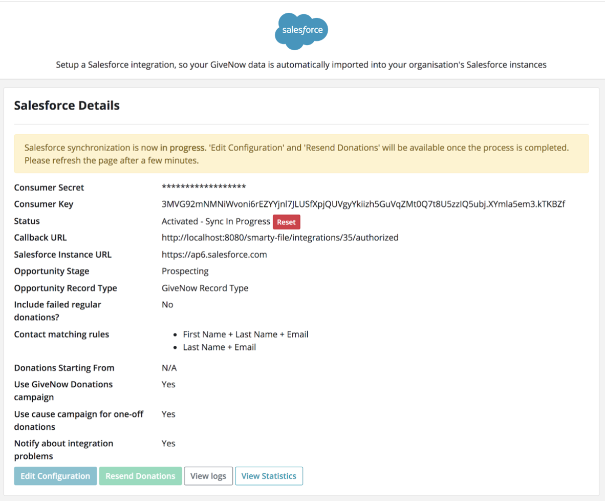 The Salesforce details page in OrgHQ showing the View Logs, View Statistics, Resend Donations, and Edit Configuration options.