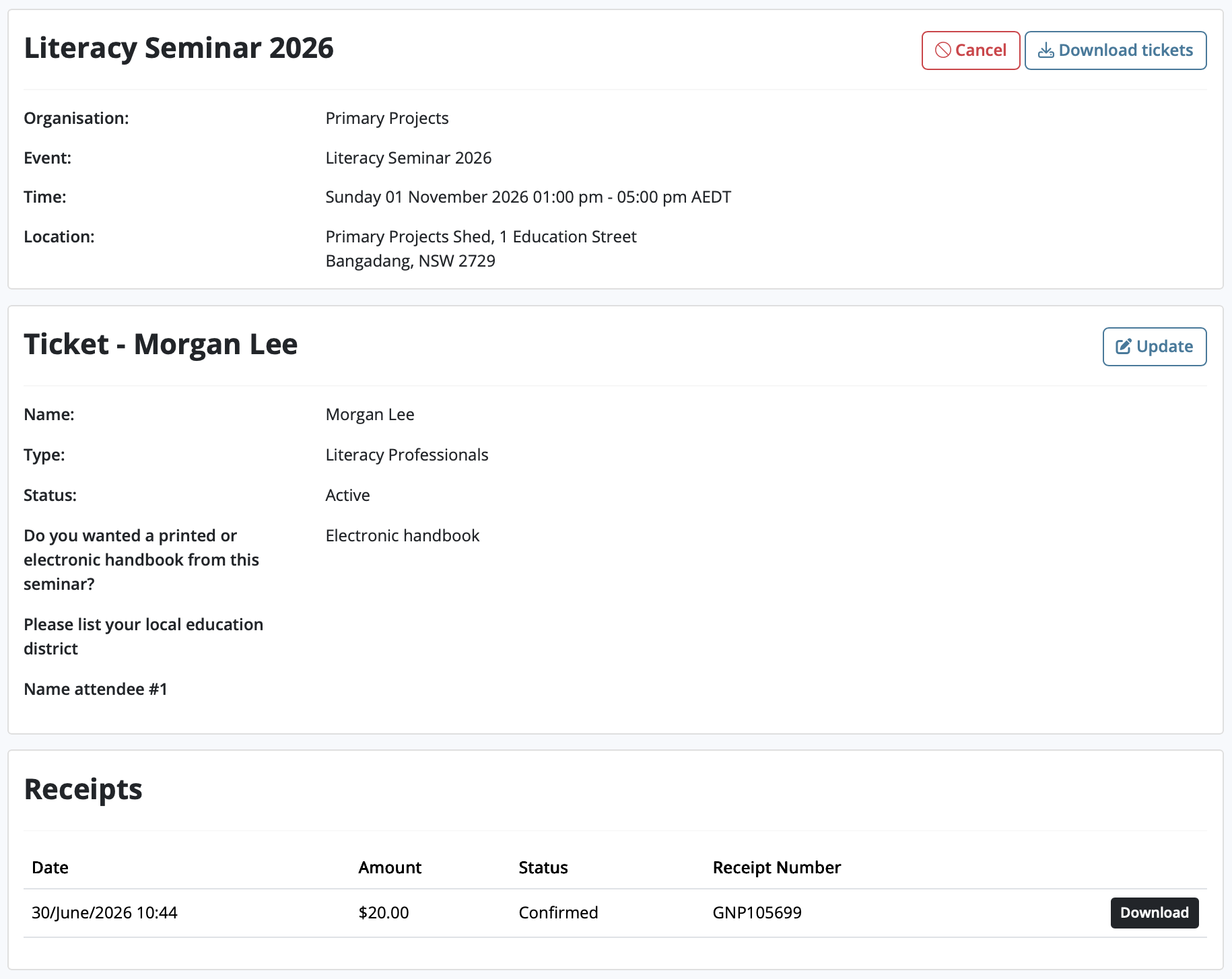 The Manage page showing event details, the Download tickets and Cancel buttons, ticket holder details with the Update button, and the Receipts section with the Download button.