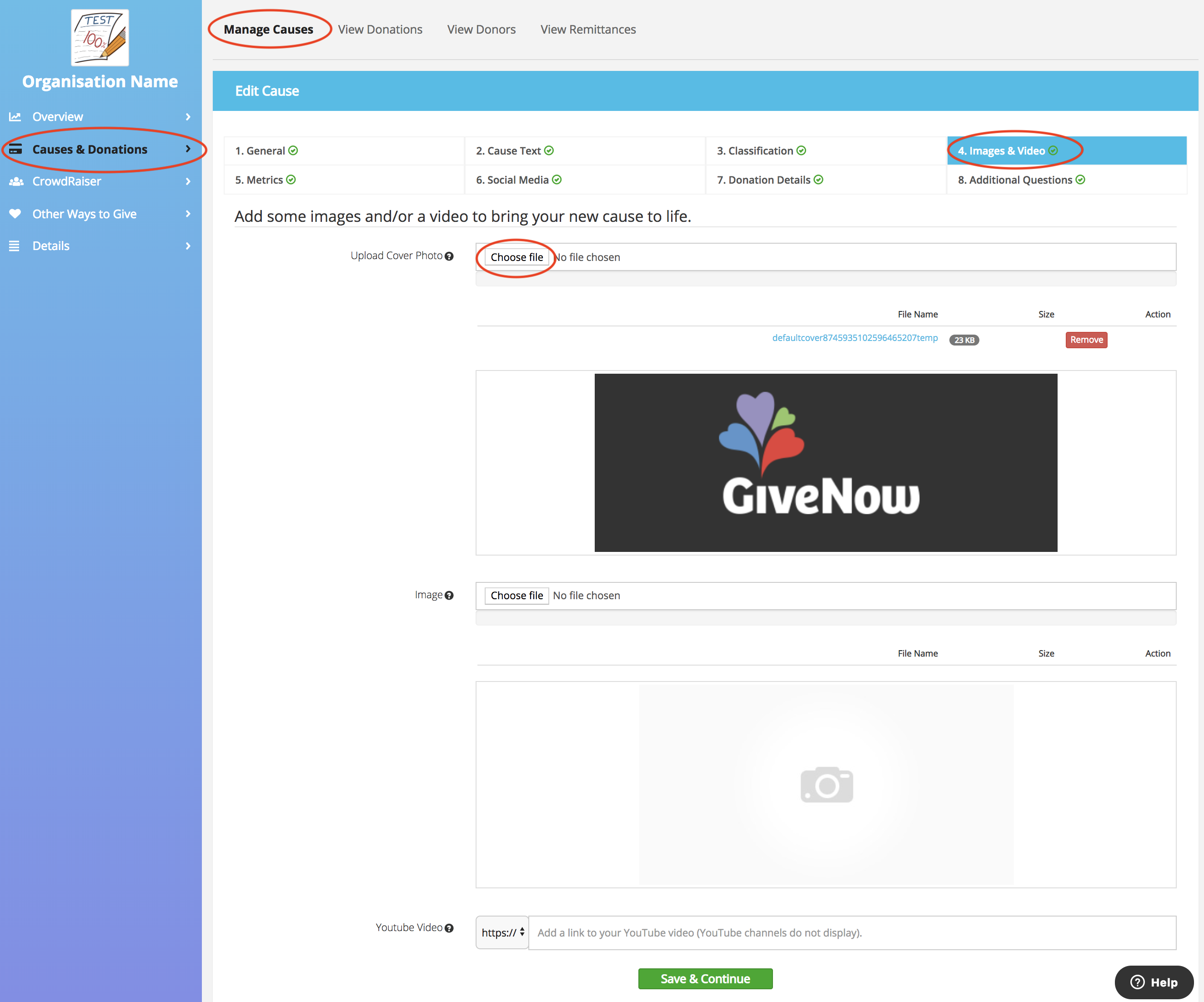How do I upload my cover photo image? GiveNow