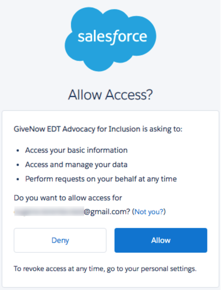 The Salesforce access rights confirmation screen.