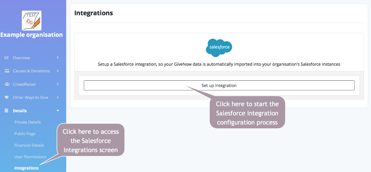 The Integrations page in OrgHQ showing the Set up integration button.
