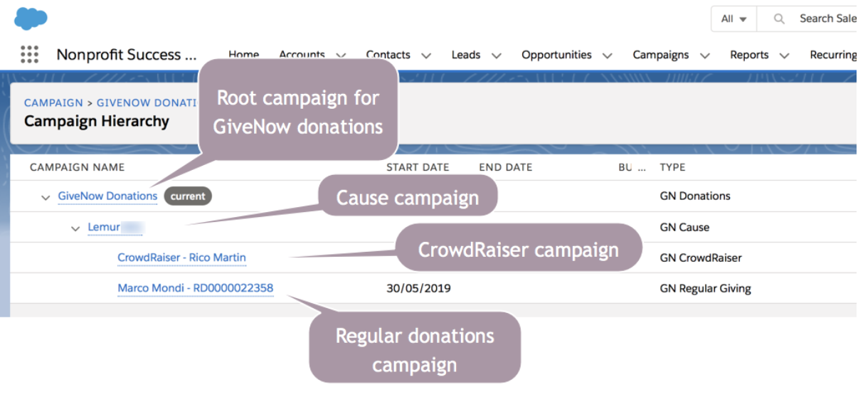 A diagram showing the hierarchy of GiveNow campaign types in Salesforce.