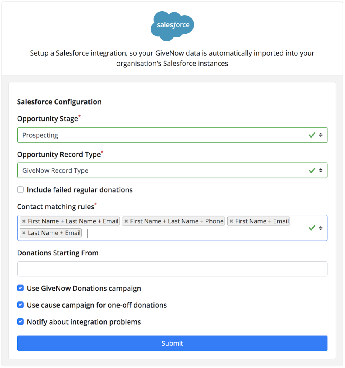 The Salesforce donation configuration page in OrgHQ.