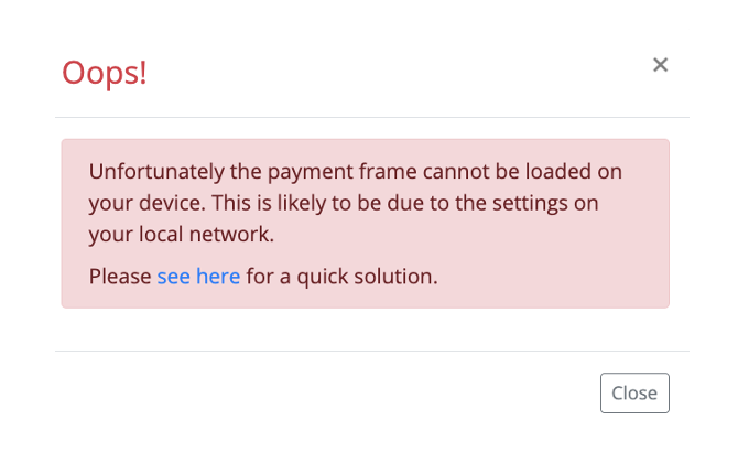 An error message indicating the payment frame could not load.